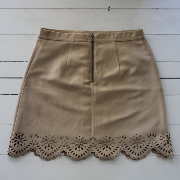Tan Suede Mini Skirt with Laser Cut Lace Hem - Picture 5 of 7